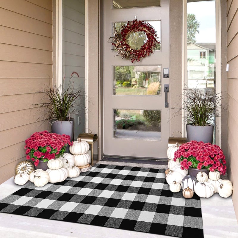 Iohouze Buffalo Plaid Scheered Brug -3x5 Front Door Sheds سجادة قابلة للغسل لزخارف الشرفة الأمامية الربيع الصيف الحصير السجاد الأسود الأسود للمزرعة/المدخل/مدخل المنزل