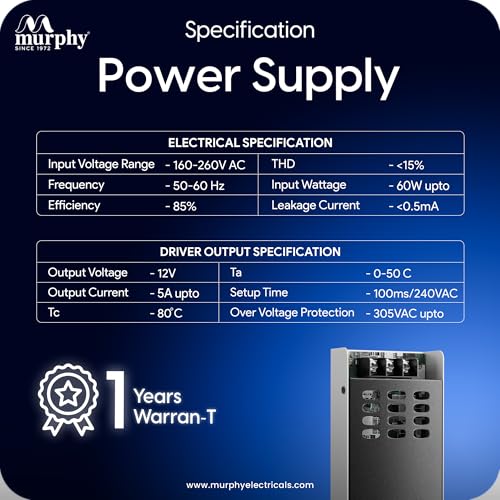 Murphy 5A 12V DC LED Driver (SMPS) | Constant Voltage Power Supply for Indoor LED Strip Lights | Aluminium Body | BIS Approved | Pack of 4 (1-Year Warranty) - Image 4