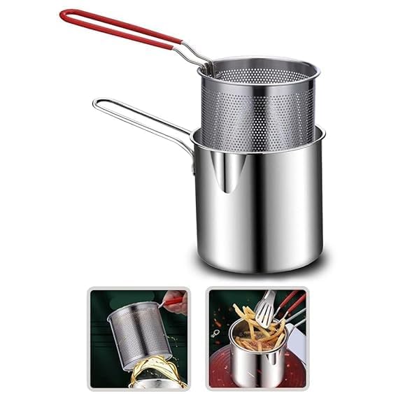 Kunya Small Deep Frying Pot with Strainer Basket 1200ml Stainless Steel Pan with Handle Ideal for Frying French FriesChicken WingsShrimpFishBoiling ButterSauceGraviesPasta1Piece - Image 1