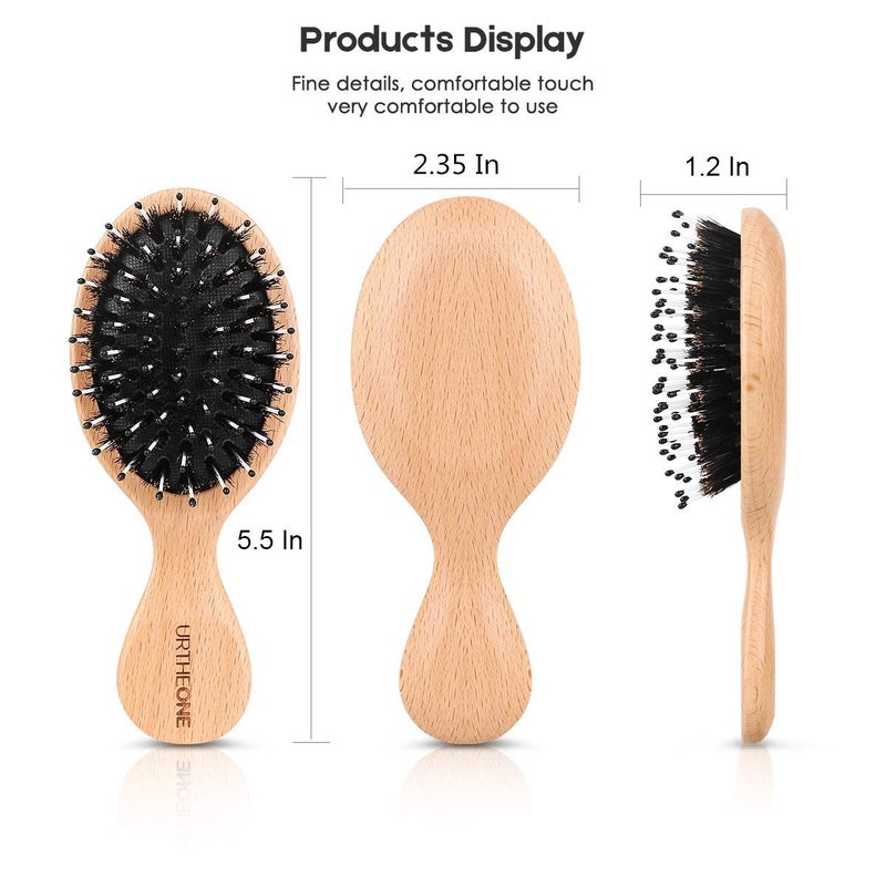 URTHEONE 3Pcs Hair Brush Mini Boar Bristle Hairbrush for Thick Curly Thin Long Short Wet or Dry Hair, Pocket Travel Small Paddle Hair Brush for Men Women Kids Detangle Massage Add Shine