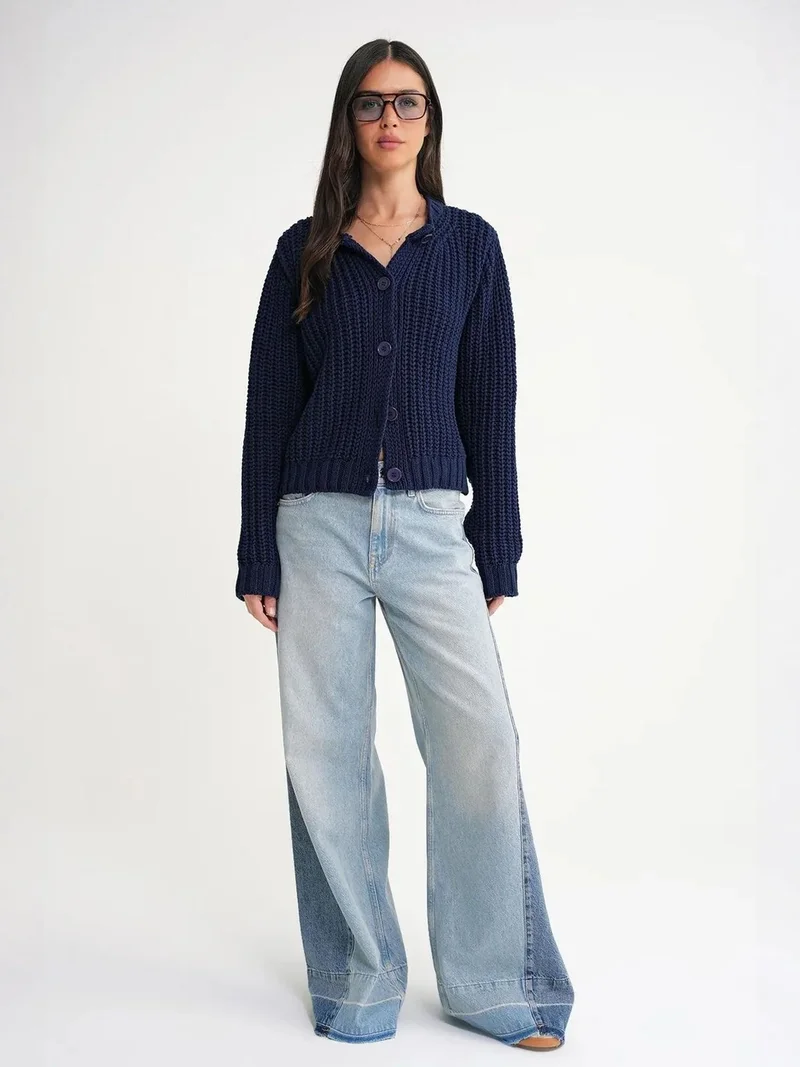 ميكسراي Mixray Textured Ribbed Knit Cardigan with Buttons