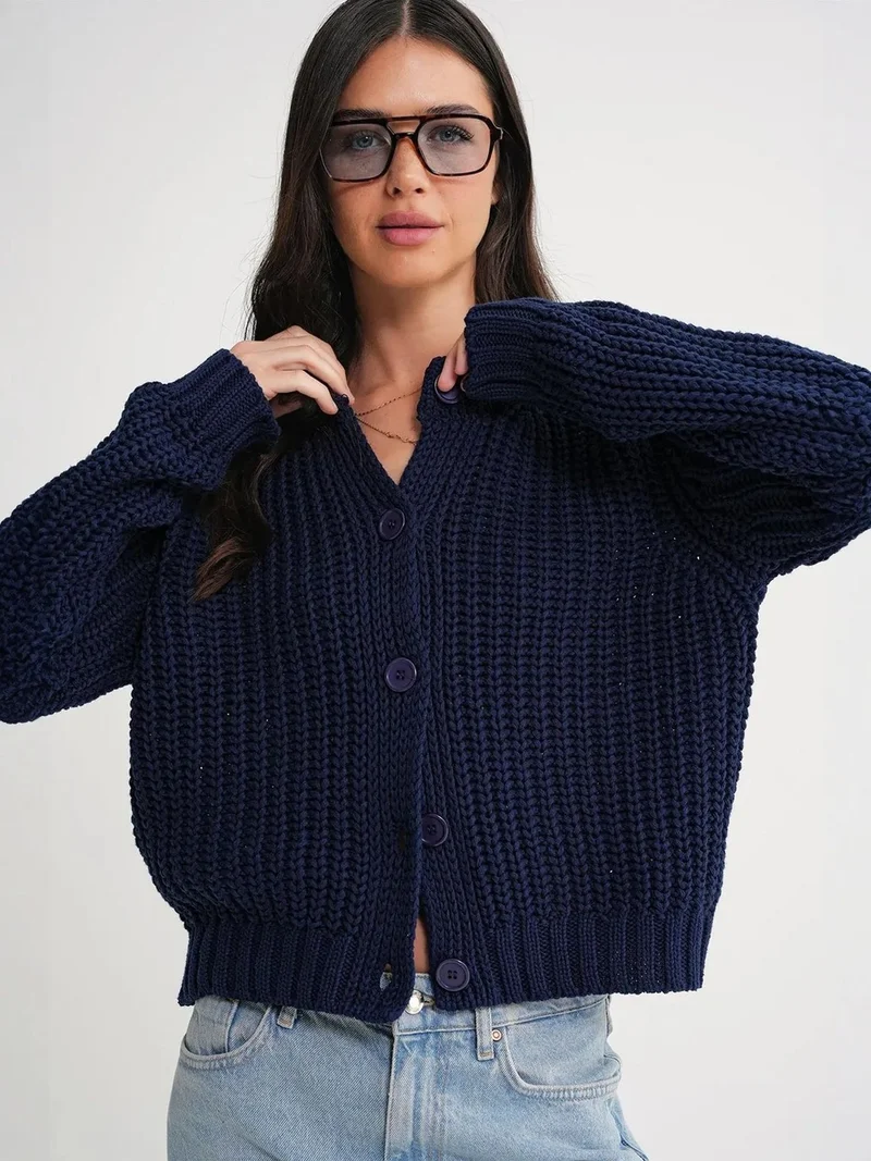 MixRay Mixray Textured Ribbed Knit Cardigan with Buttons