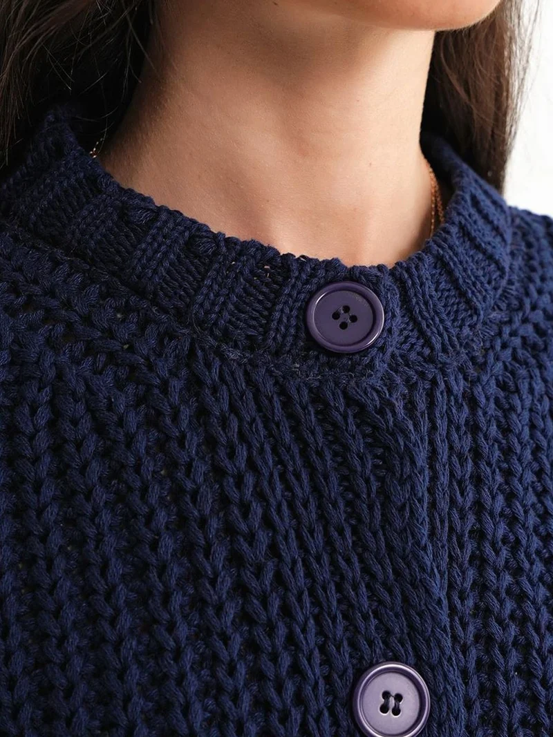 Mixray Navy Blue Mixray Textured Ribbed Knit Cardigan with Buttons for Women | Best Price UAE