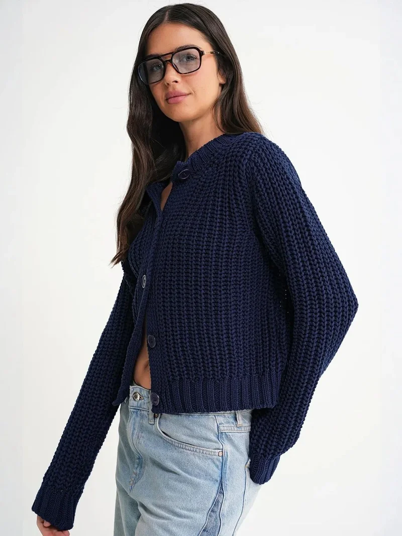 Mixray Navy Blue Mixray Textured Ribbed Knit Cardigan with Buttons for Women | Best Price UAE