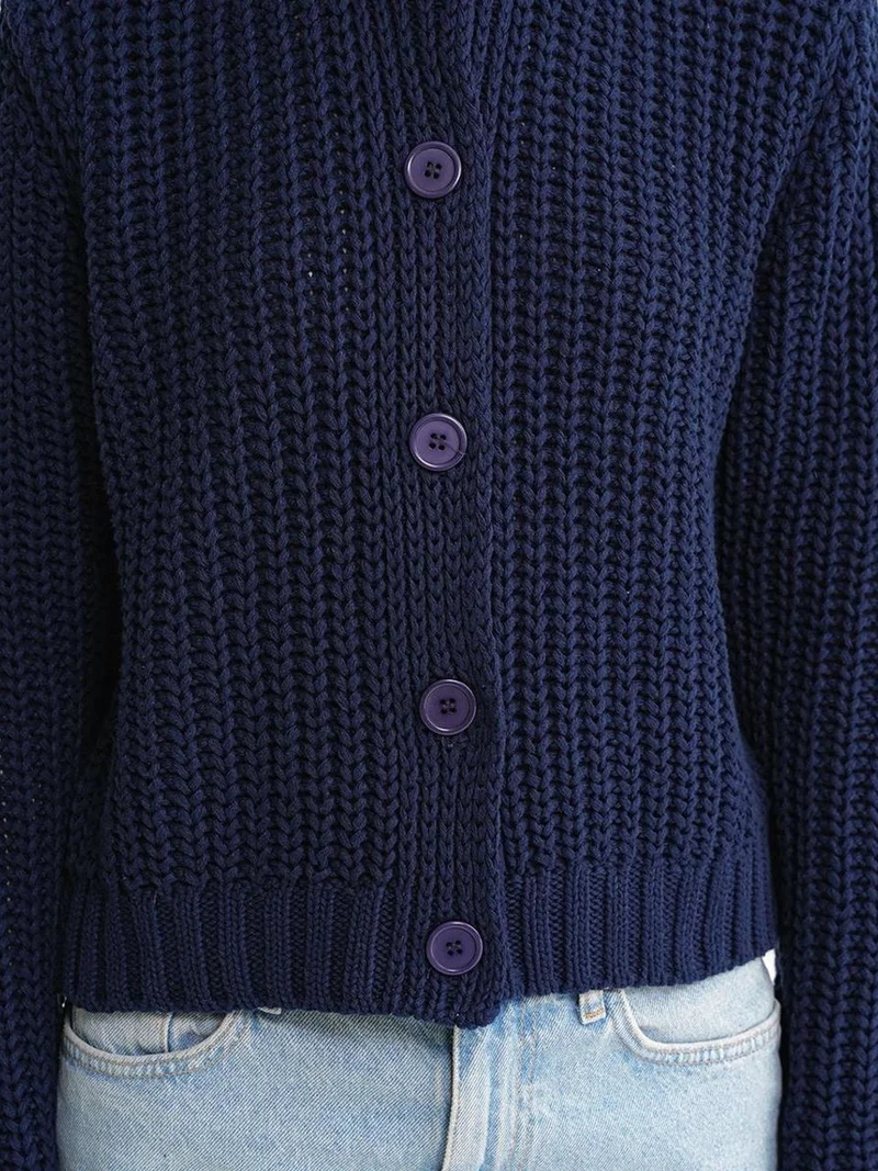 Mixray Navy Blue Mixray Textured Ribbed Knit Cardigan with Buttons for Women | Best Price UAE