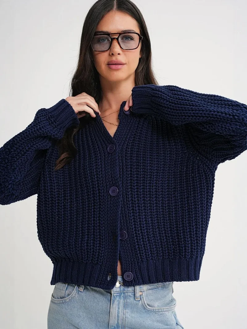 Mixray Navy Blue Mixray Textured Ribbed Knit Cardigan with Buttons for Women | Best Price UAE