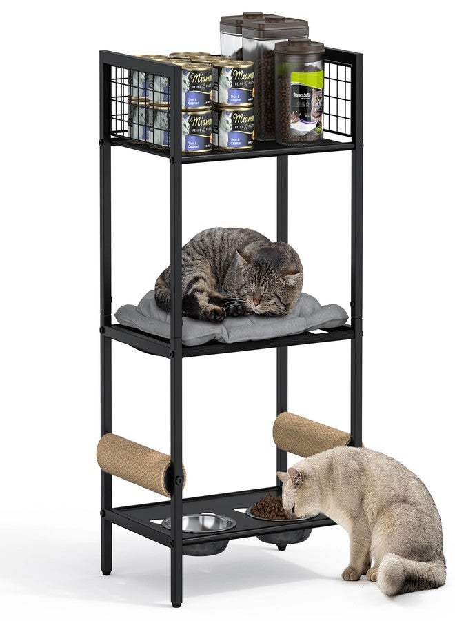 Canyave 4in1 Cat Furniture Stand with Cat Scratching Post, Cat Food Bowls, Cats Bed Platform, Cats Food Storage Organizer, All in One Pet Furniture for Small Space (Black) - Image 1