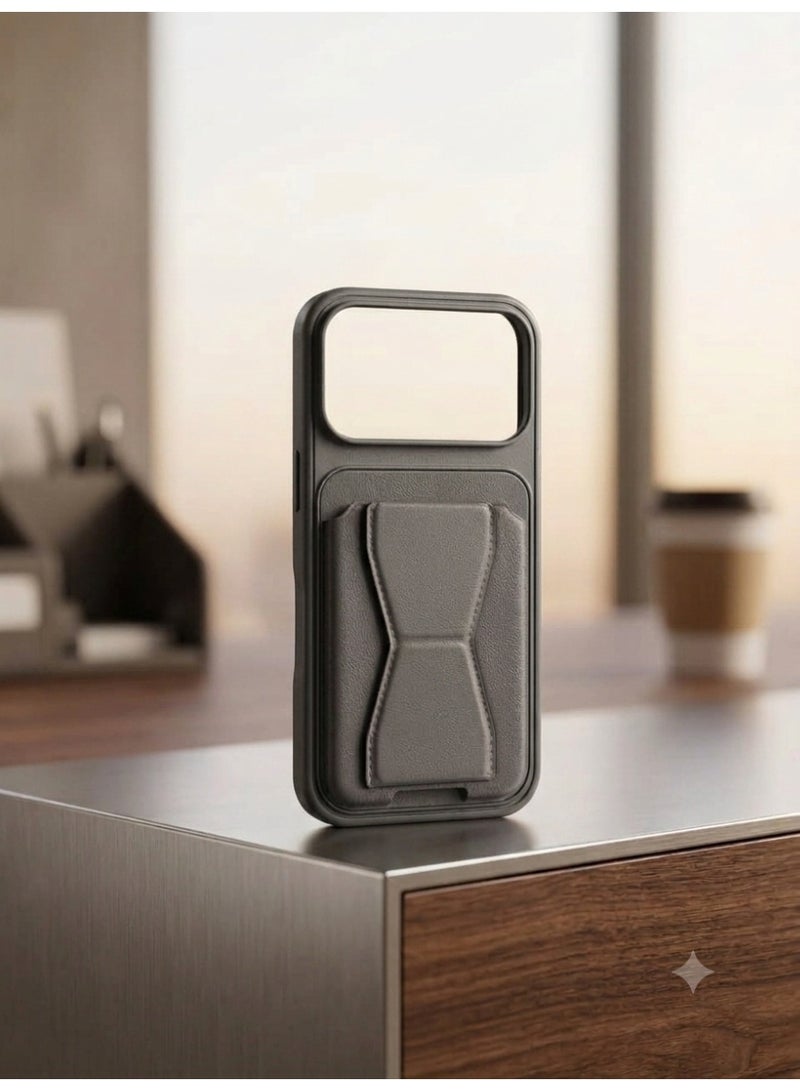 iPhone 17 Pro Grey Leather Case with Wallet and Kickstand