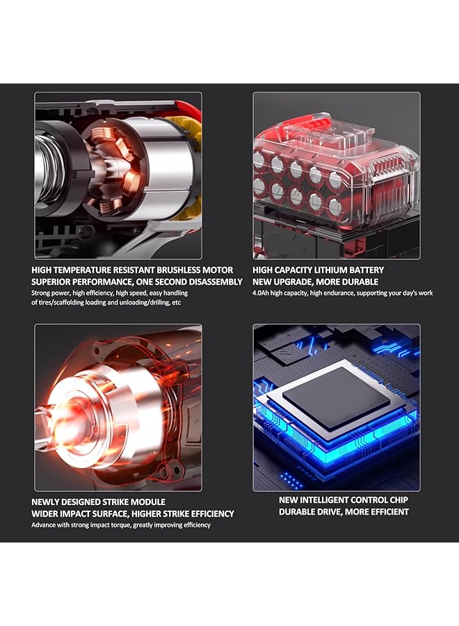 erorex 21V Cordless Impact Wrench Max Torque 350N.M Brushless Impact Driver 1 2 Inch Household Electric Impact Wrench With 4.0Ah Battery And Stepless Speed Adjustment Comes With 17Pcs Accessories - Image 3