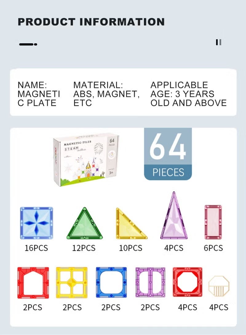 DUNELIFE 64-Piece Magnetic Toys For Kids, Toddlers Magnetic Building Blocks Set Cubes Strong Magnetism, Construction Stacking Puzzle Game Stimulate Creativity In Adults And Children - Image 2