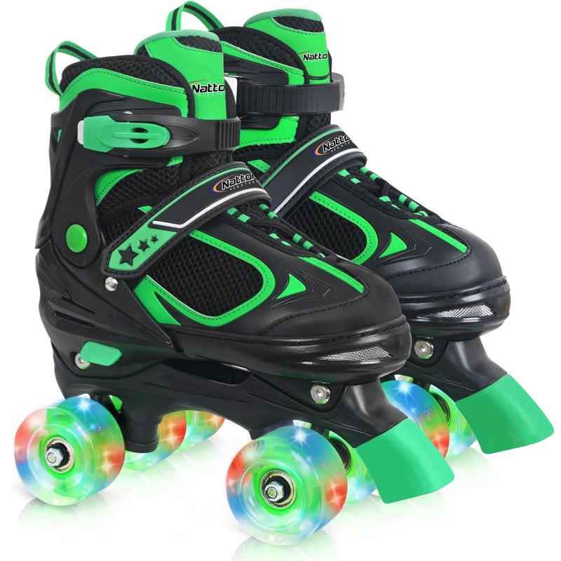 Kids Roller Skates for Boys Green for Big Kids Age 7 8 9 10 Adjustable All Light up Wheels Indoor Outdoor Sports Birthday Gift for Son and Grandson