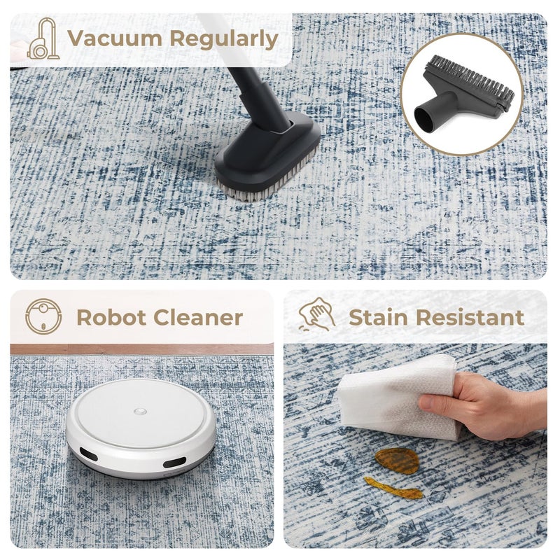 MIULEE 8x10 Vintage Washable Area Rugs Living Room Rug Low Pile Boho Farmhouse Floor Mat for Bedroom Dining Room Under Kitchen Table, Non-Slip Stain Resistant Soft Large Carpet for Home Decor, Blue - Image 5