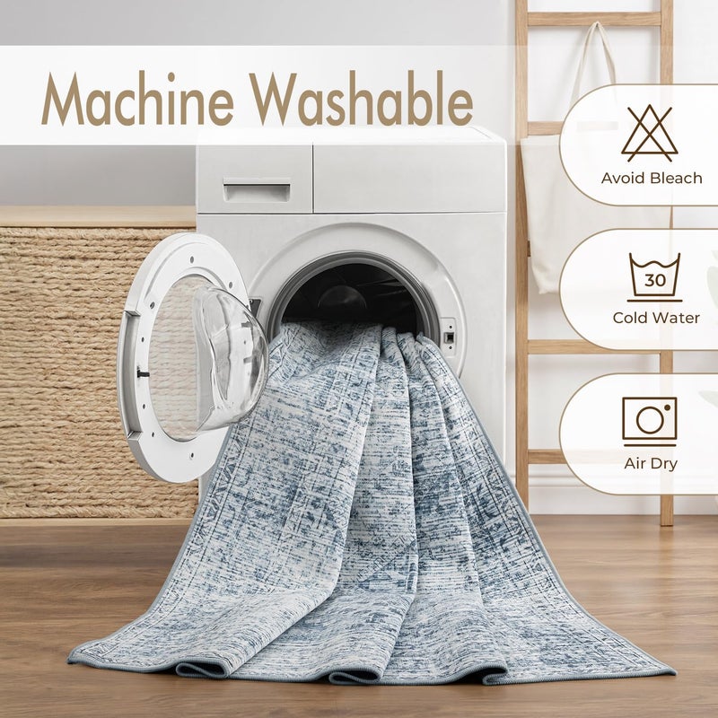 MIULEE 8x10 Vintage Washable Area Rugs Living Room Rug Low Pile Boho Farmhouse Floor Mat for Bedroom Dining Room Under Kitchen Table, Non-Slip Stain Resistant Soft Large Carpet for Home Decor, Blue - Image 4