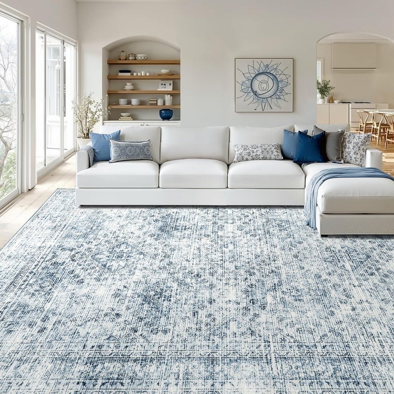 MIULEE 8x10 Vintage Washable Area Rugs Living Room Rug Low Pile Boho Farmhouse Floor Mat for Bedroom Dining Room Under Kitchen Table, Non-Slip Stain Resistant Soft Large Carpet for Home Decor, Blue - Image 1