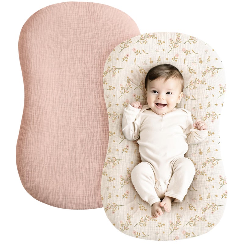 Konssy Muslin Baby Lounger Cover 2 Pack, 100% Cotton Newborn Lounger Cover, Soft and Breathable Baby Nest Slipcover for Boys Girls (Pink, Floral) - Image 1