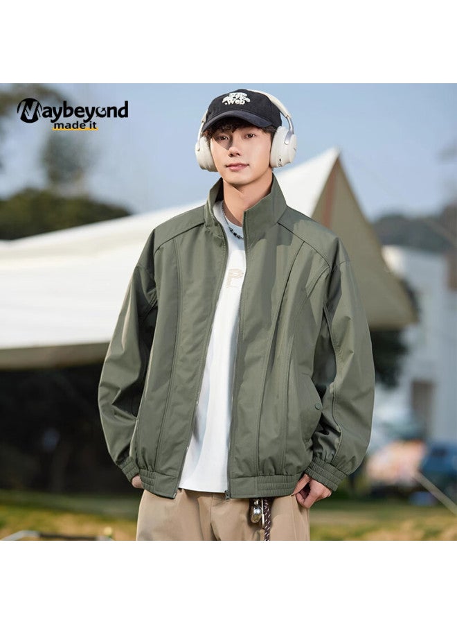 Maybeyond Men's Jacket, Spring Loose Stand-collar Coat, American Trendy Outerwear For Men And Women, Mw01 Dark Green 3XL - Image 1