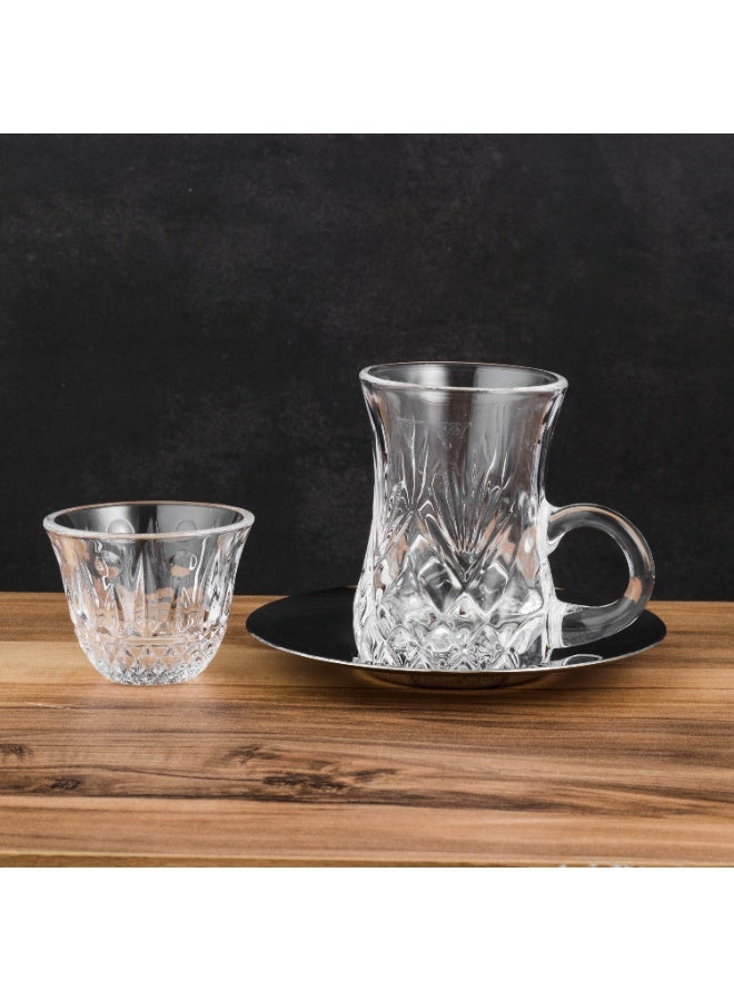 Dania Luxury Turkish Tea & Coffee Set – 6 Crystal Glass Tea Cups, 6 Coffee Cups & 6 Elegant Metal Saucers - Image 1