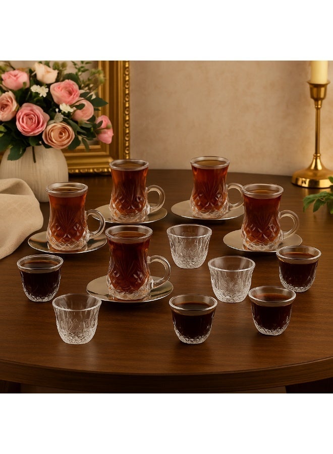 Dania Luxury Turkish Tea & Coffee Set – 6 Crystal Glass Tea Cups, 6 Coffee Cups & 6 Elegant Metal Saucers - Image 2