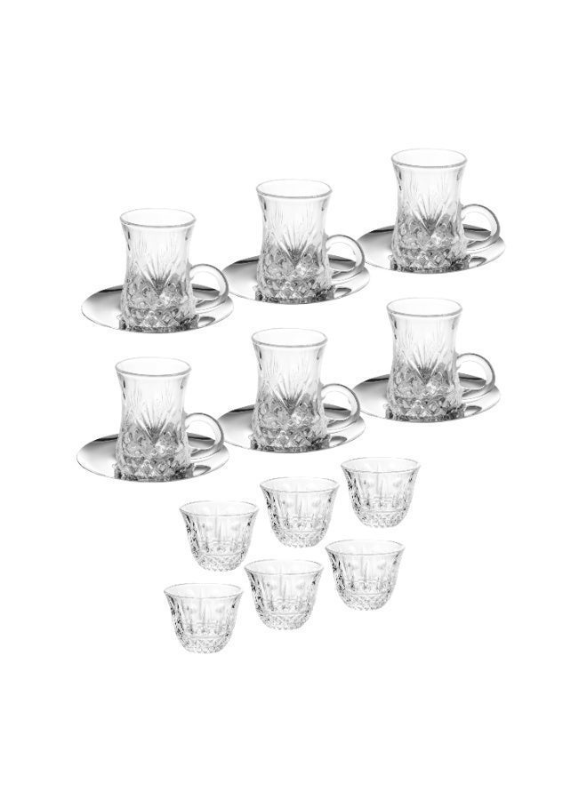 Dania Luxury Turkish Tea & Coffee Set – 6 Crystal Glass Tea Cups, 6 Coffee Cups & 6 Elegant Metal Saucers - Image 3