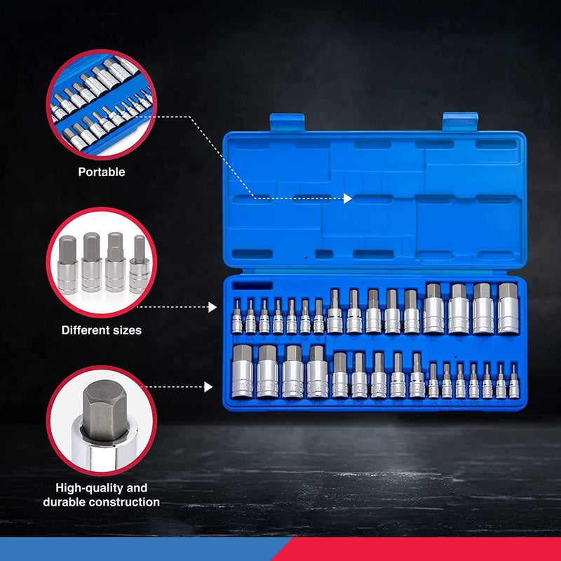 NEIKO 10388A Master Allen Hex Bit Socket Set, 33 Piece SAE and Metric Allen Socket Set, Allen Head Hex Key Socket Set Made with S2 Steel, Allen Hex Bit Set, Standard 5/64” – 3/4” & Metric 2mm – 19mm - Image 4
