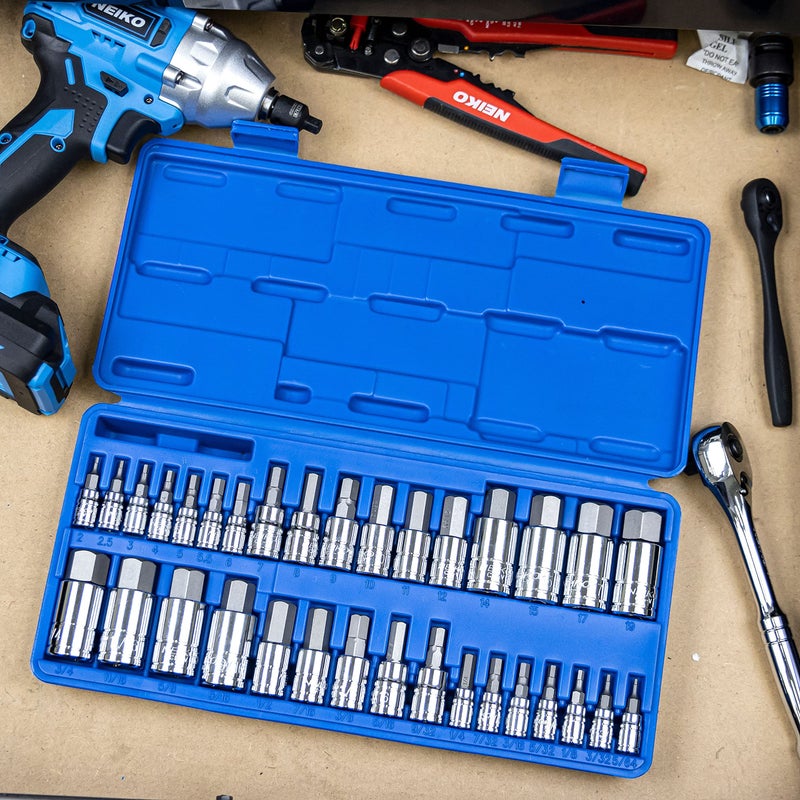 NEIKO 10388A Master Allen Hex Bit Socket Set, 33 Piece SAE and Metric Allen Socket Set, Allen Head Hex Key Socket Set Made with S2 Steel, Allen Hex Bit Set, Standard 5/64” – 3/4” & Metric 2mm – 19mm - Image 5
