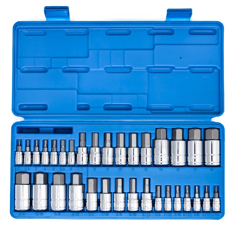 NEIKO 10388A Master Allen Hex Bit Socket Set, 33 Piece SAE and Metric Allen Socket Set, Allen Head Hex Key Socket Set Made with S2 Steel, Allen Hex Bit Set, Standard 5/64” – 3/4” & Metric 2mm – 19mm - Image 1