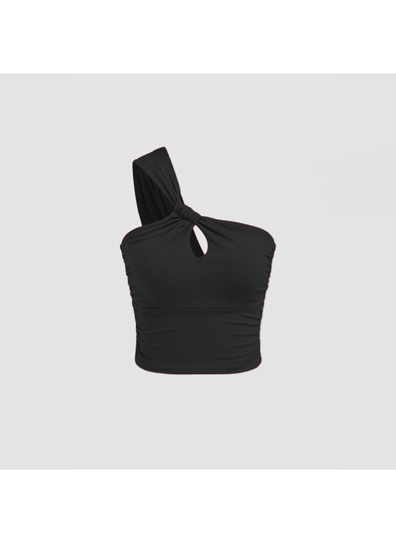 Generic - Alo Wrinkled Hollow Yoga Wear Single Shoulder Irregular Sports Bra Dance Training Fitness Vest With Chest Pad For Women Black - Image 1