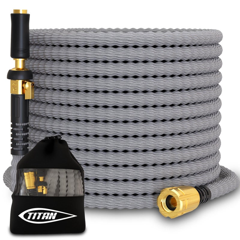 TITAN Flexible Garden Hose 50FT â€“ Ultra Lightweight, Heavy Duty Water Hose with Brass Fittings & Jet Nozzle â€“ Kink-Free, Non-Expanding, Durable Fabric Hose for Yard, Lawn, Car Wash, Outdoor Use - Image 1