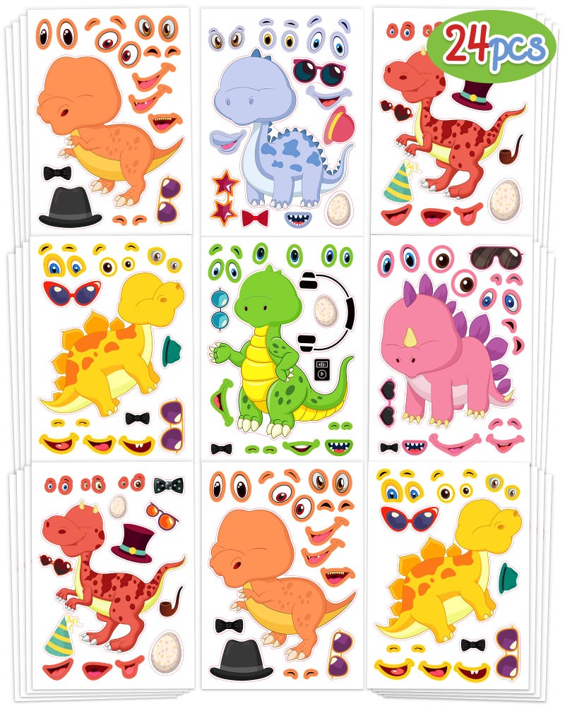 Greingways 24 Pcs Make Your Own Dinosaur Sticker Sheets, Dinosaur Party Favors Face Stickers for Kids Boys Toddlers Crafts Activities Gift Bags Birthday Party Valentines Day Gifts for Kids Classroom - Image 1
