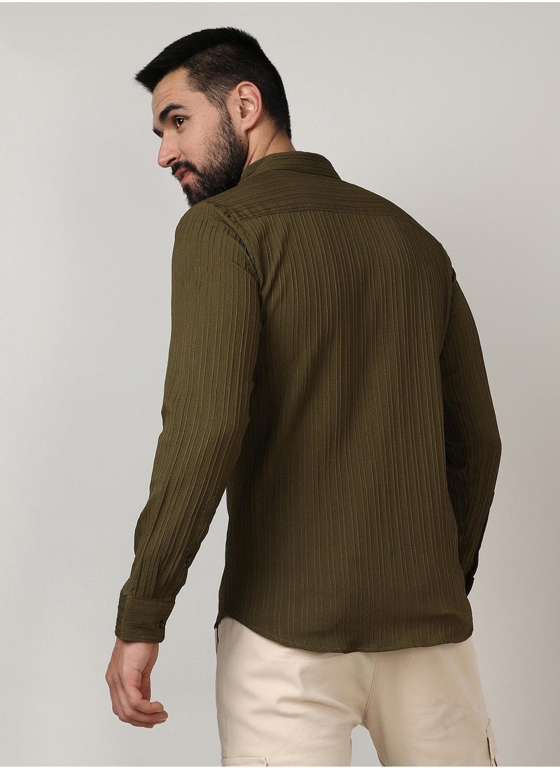 كامبوس سوترا Men's Olive Green Self-Design Striped Shirt  - Image 5