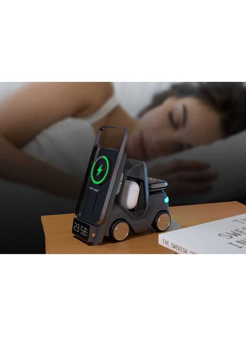 GREEN LION - Forklift 5 in 1 Wireless Charger / 15W Smart Phone / 2.5W Smart Watch / 5W Earpods Charger / Wireless Fast Charging / Night Light / Digital Clock Display / Type-C Input / Eye-catching Design - Black - Image 1