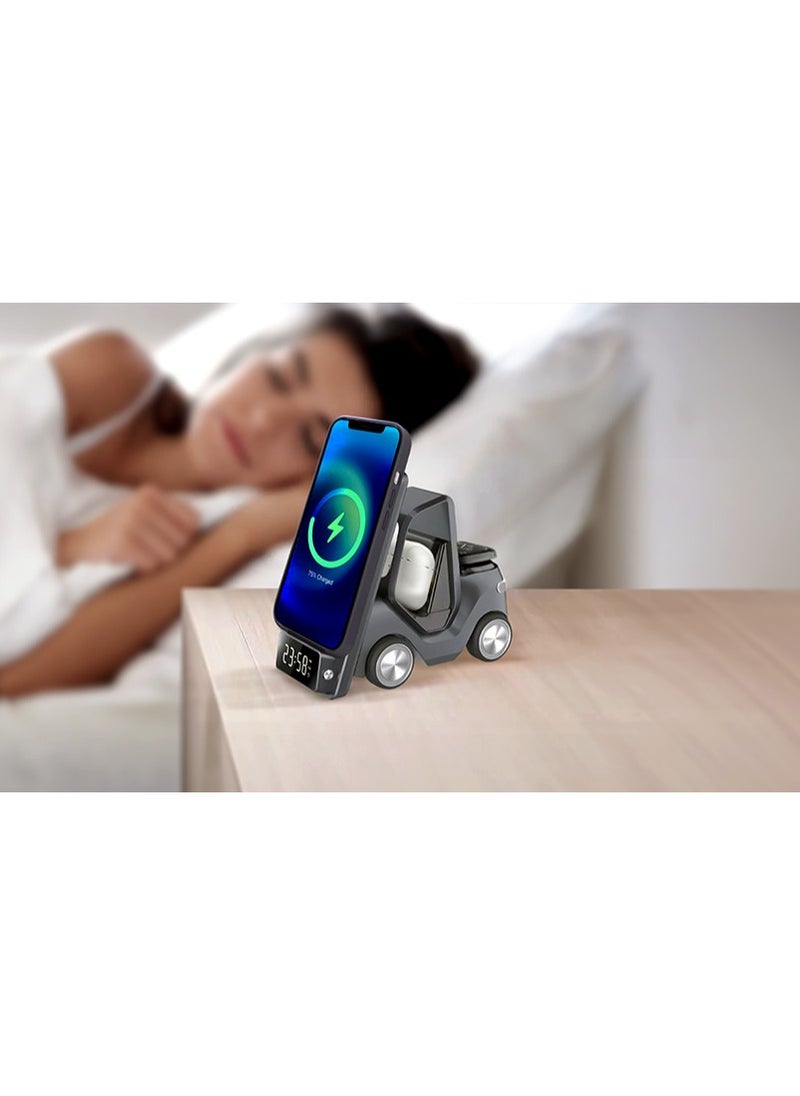 GREEN LION - Forklift 5 in 1 Wireless Charger / 15W Smart Phone / 2.5W Smart Watch / 5W Earpods Charger / Wireless Fast Charging / Night Light / Digital Clock Display / Type-C Input / Eye-catching Design - Black - Image 1
