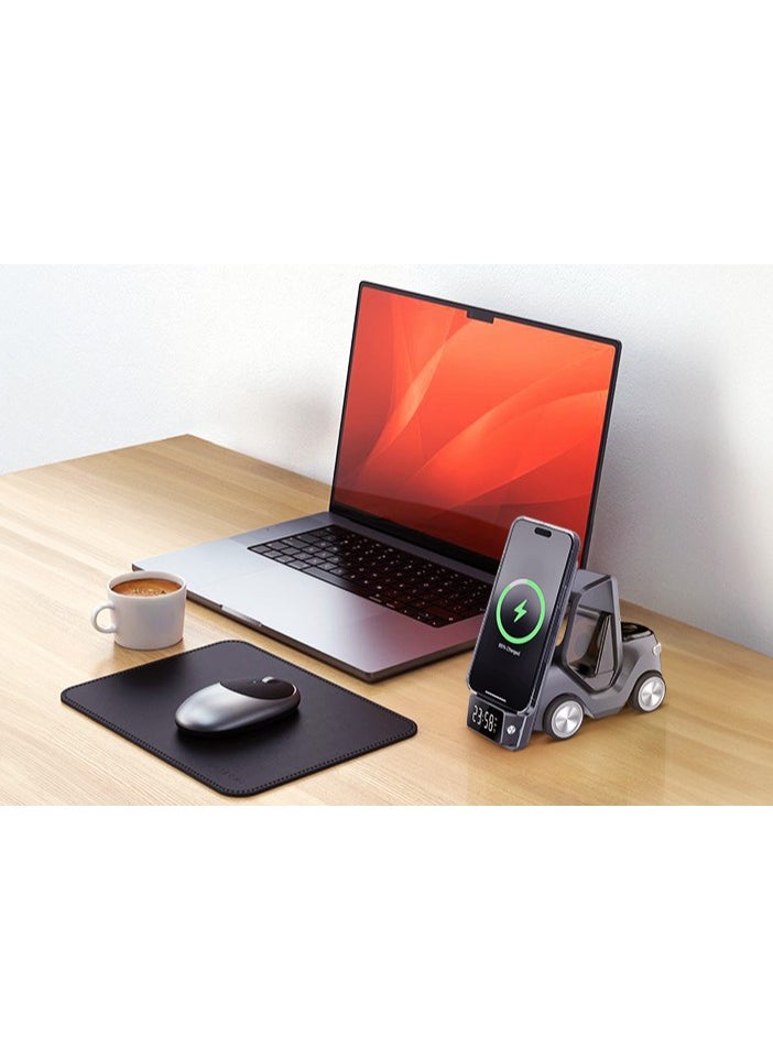 GREEN LION - Forklift 5 in 1 Wireless Charger / 15W Smart Phone / 2.5W Smart Watch / 5W Earpods Charger / Wireless Fast Charging / Night Light / Digital Clock Display / Type-C Input / Eye-catching Design - Black - Image 1