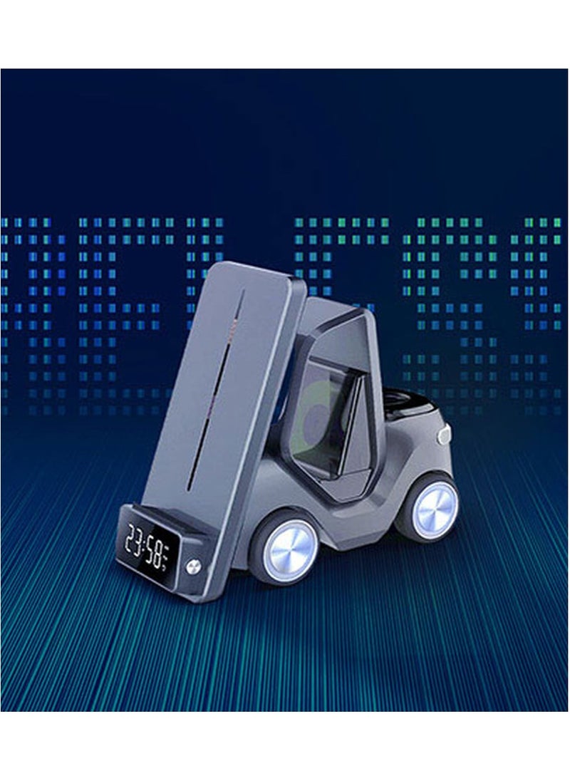 GREEN LION - Forklift 5 in 1 Wireless Charger / 15W Smart Phone / 2.5W Smart Watch / 5W Earpods Charger / Wireless Fast Charging / Night Light / Digital Clock Display / Type-C Input / Eye-catching Design - Black - Image 1
