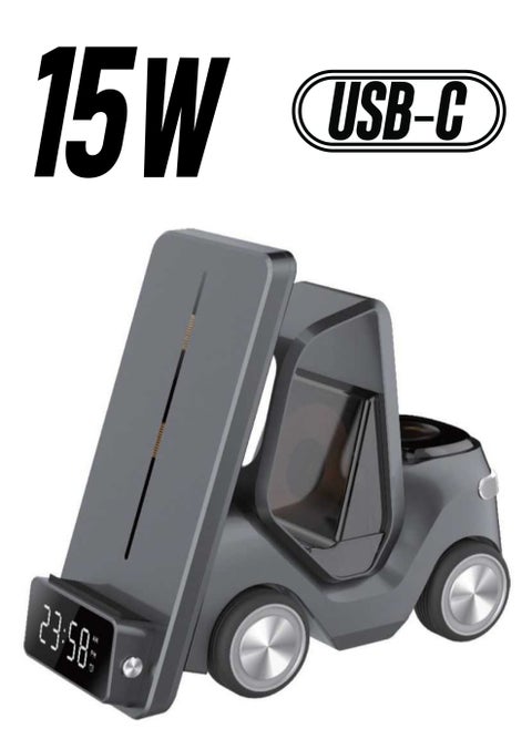 Forklift 5 in 1 Wireless Charger / 15W Smart Phone / 2.5W Smart Watch / 5W Earpods Charger / Wireless Fast Charging / Night Light / Digital Clock Display / Type-C Input / Eye-catching Design - Black