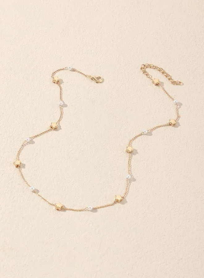 Take Two Star and Faux Pearl Station Necklace