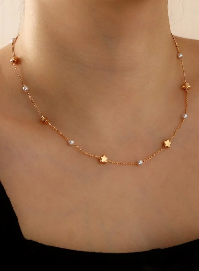 Take Two Star and Faux Pearl Station Necklace