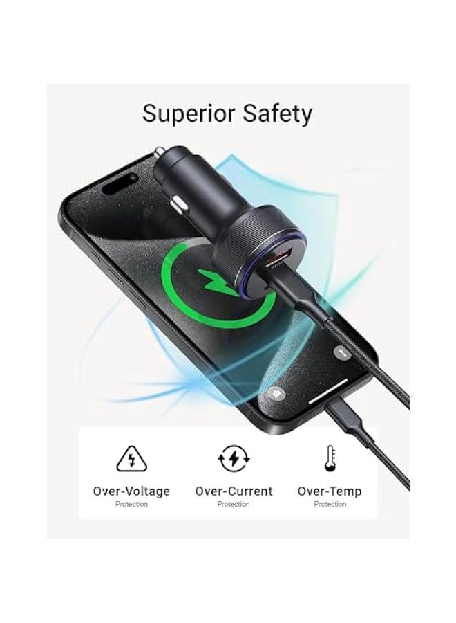 Arabest AKNSN 90W USB-C & USB-A Car Charger, 3-Port Fast Charging, PD3.0 & QC3.0, Compatible with iPhone 16/15/14/13 Pro Max, iPad, MacBook, Samsung, Google Pixel, More - Image 4