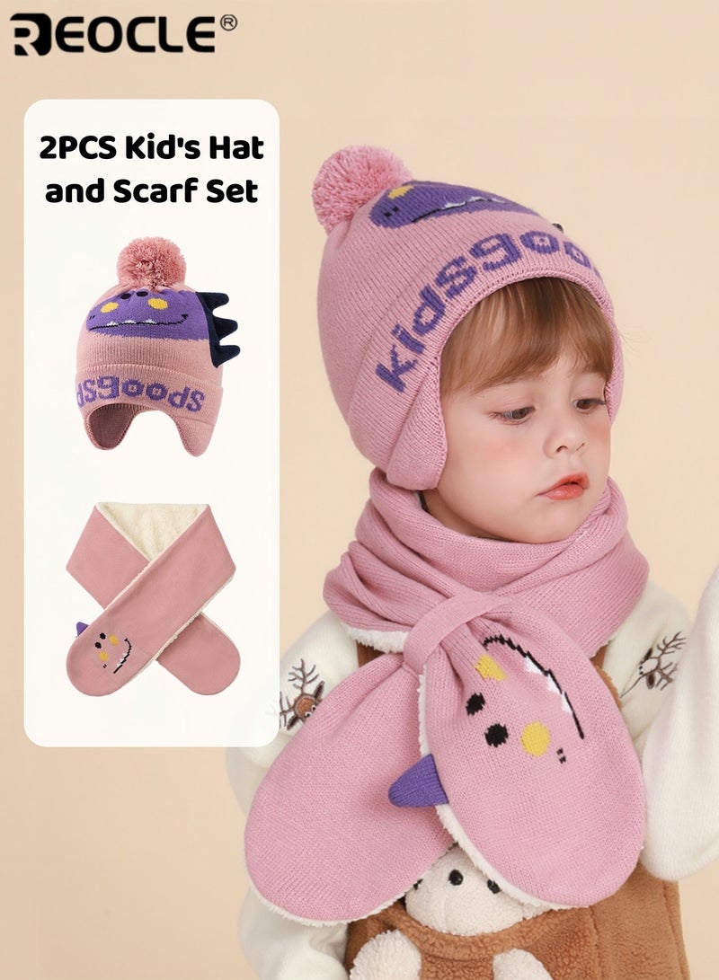 REOCLE 2PCS Kid's Hat and Scarf Set with Dinosaur Pattern and Winter Warmth Design Children’s Knit Beanie with Pom Pom for Cold Wind Protection - Image 1