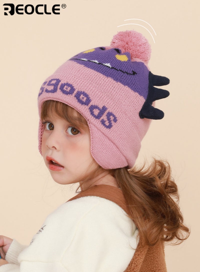 REOCLE 2PCS Kid's Hat and Scarf Set with Dinosaur Pattern and Winter Warmth Design Children’s Knit Beanie with Pom Pom for Cold Wind Protection - Image 3