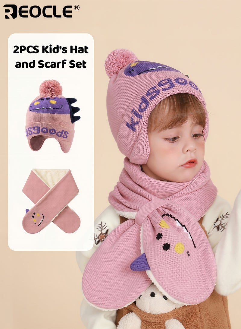 REOCLE 2PCS Kid's Hat and Scarf Set with Dinosaur Pattern and Winter Warmth Design Children’s Knit Beanie with Pom Pom for Cold Wind Protection - Image 2