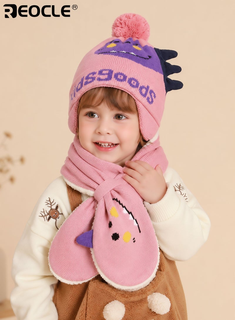 REOCLE 2PCS Kid's Hat and Scarf Set with Dinosaur Pattern and Winter Warmth Design Children’s Knit Beanie with Pom Pom for Cold Wind Protection - Image 1