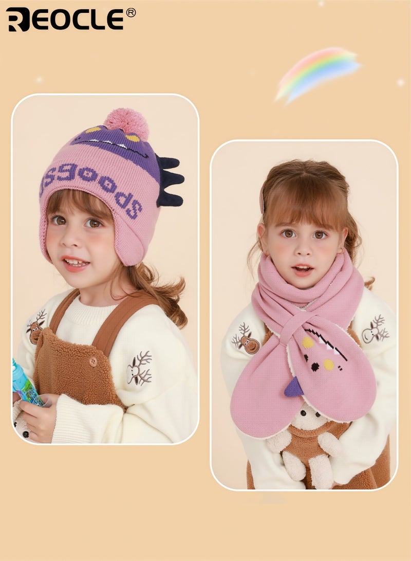 REOCLE 2PCS Kid's Hat and Scarf Set with Dinosaur Pattern and Winter Warmth Design Children’s Knit Beanie with Pom Pom for Cold Wind Protection - Image 3
