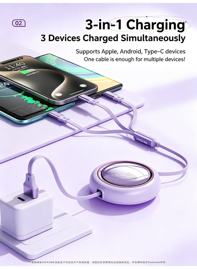 WEKOME 100W Retractable 3-in-1 Fast Charging Cable, 480Mbps Data Sync, Lightning Micro USB Type-C Multi-Port Charge Cord for Smartphones - Image 4