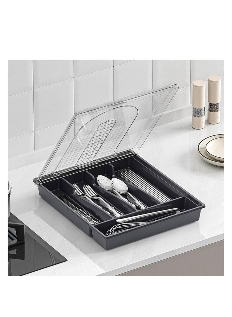 SOLARAE صينية أدوات المائدة مع غطاء، 5 أقسام، صندوق تنظيم أدوات المائدة، صينية بلاستيكية للسحب للملاعق والشوك، صندوق تخزين أدوات المائدة البلاستيكية للمطبخ والسحب والكونتر (رمادي) - Image 1