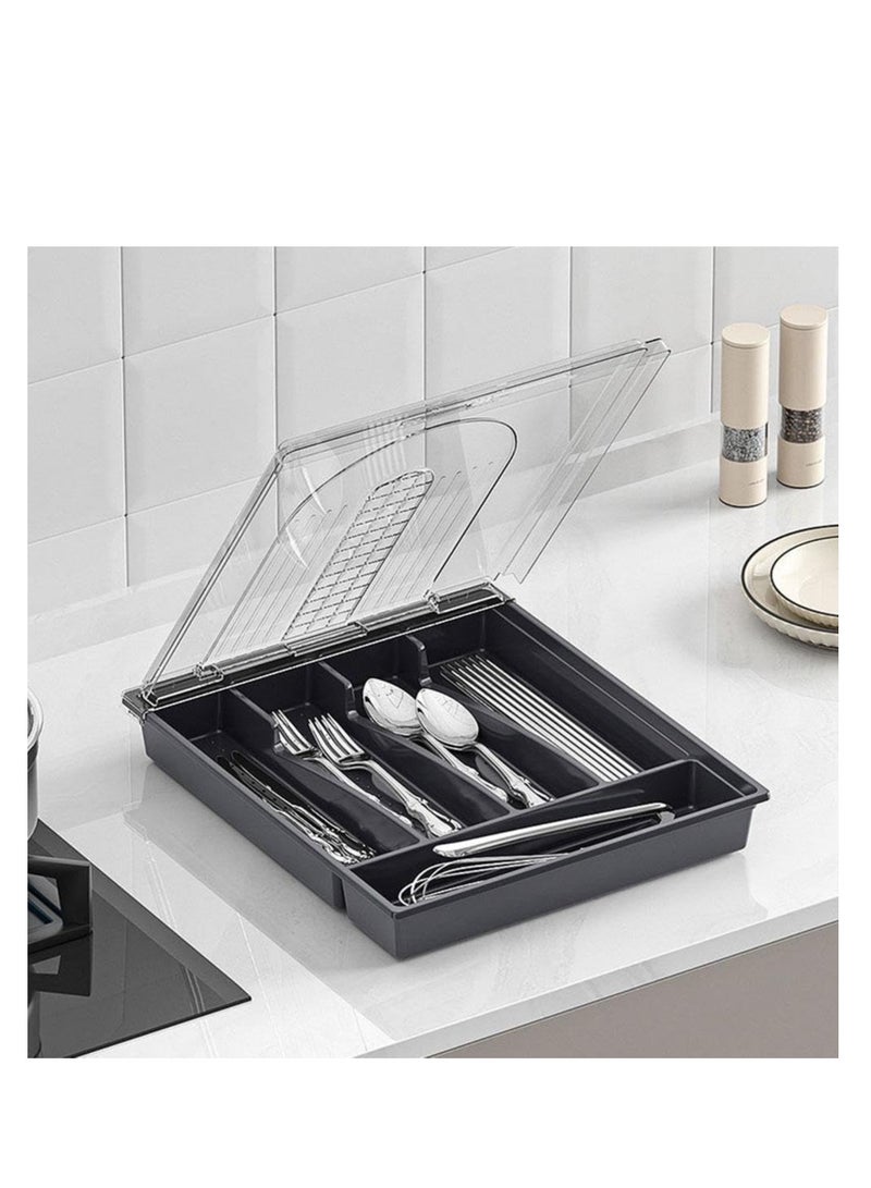 SOLARAE صينية أدوات المائدة مع غطاء، 5 أقسام، صندوق تنظيم أدوات المائدة، صينية بلاستيكية للسحب للملاعق والشوك، صندوق تخزين أدوات المائدة البلاستيكية للمطبخ والسحب والكونتر (رمادي) - Image 3