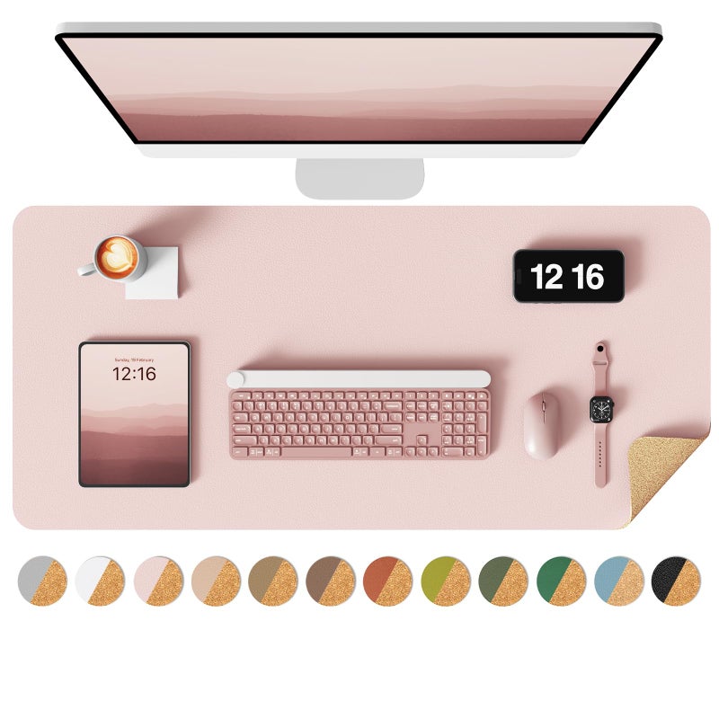 YSAGi Double-Sided Desk Pad, 31.5"x15.7"Leather Desk Mat, Eco Cork Desk Pad Protector,Large Mouse Pad,Waterproof Desk Blotter for Office/Home(Pink) - Image 1