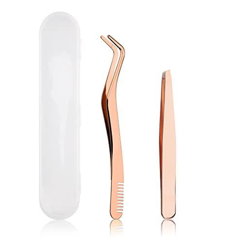 FADVAN Lash Applicator Tool 2 Pcs Lash Tweezers Stainless Steel Curved With Eyebrow Tweezers For Women DIY Eyelash Extensions Applicator Set for False Eyelash By FADVAN (Gold) - Image 1