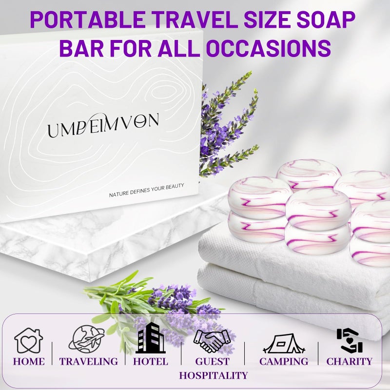 Umpeimvon 14 Pack Travel Size Lavender Soap, Individually Wrapped Handmade 4-In-1 Mini Hotel Soap Bars with Shea Butter, Olive Oil, Creamy Lather, Eco-Friendly, 0.7 oz - Image 3