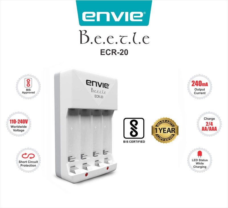 ENVIE® (ECR-20) Beetle Wall Charger for AA & AAA (Ni-MH/Ni-CD) Rechargeable Batteries with LED Indicators, Charge 2 or 4 Batteries At a Time - Image 2